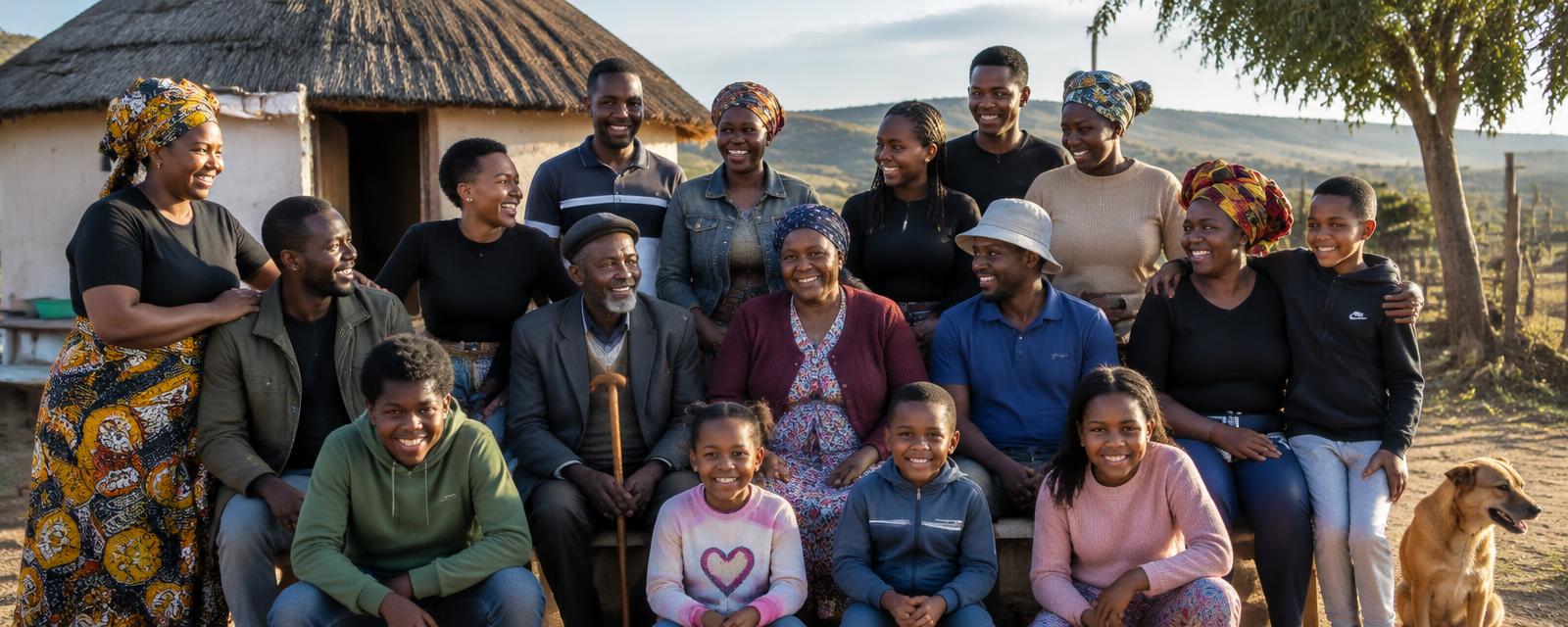 Extended South African family outside their homestead