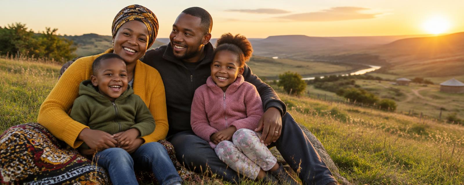 South African family together on a hillside